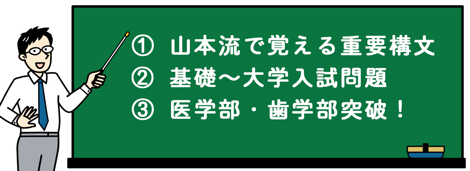 ①山本流で覚える重要構文　②基礎～大学入試問題　③医学部・歯学部突破